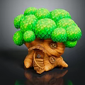 Cute Cartoon Tree House Scene With Green Mushroom Leaves Brown Trunk Wooden Door Round Windows
