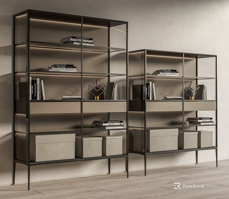 Modern Black Metal Frame Bookcase With Glass Shelves Books Decorative Items And Storage Boxes 3d model 