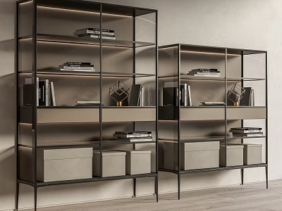 Modern Black Metal Frame Bookcase With Glass Shelves Books Decorative Items And Storage Boxes 3d model