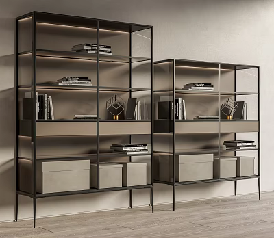 Modern Black Metal Frame Bookcase With Glass Shelves Books Decorative Items And Storage Boxes 3d model