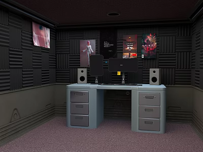 Office Desk Setup With Black Acoustic Panel Walls Posters Computer Monitors Speakers And Drawer Cabinets 3d model
