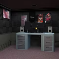Office Desk Setup With Black Acoustic Panel Walls Posters Computer Monitors Speakers And Drawer Cabinets