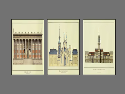 Vintage Architectural Landscape Paintings Featuring Classical Gothic and Historic Styles 3d model