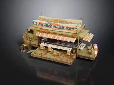 Commercial Food Truck Equipment With Ramen Noodles Sign Awning Tables And Chairs 3d model