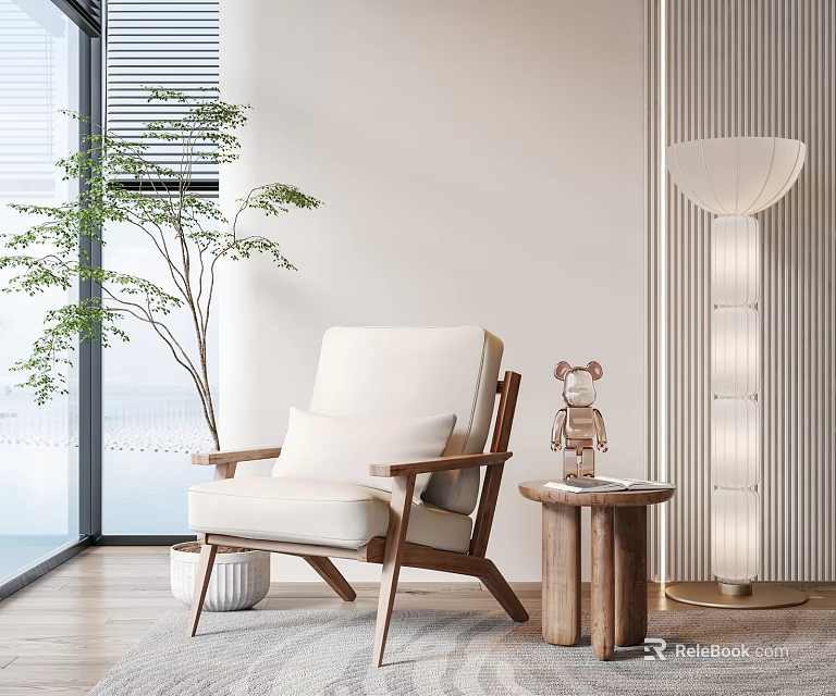 Modern Wooden Frame Leisure Chair With White Cushion Side Table Floor Lamp And Green Plant 3d model 