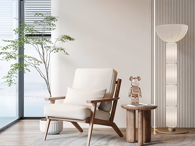 Modern Wooden Frame Leisure Chair With White Cushion Side Table Floor Lamp And Green Plant 3d model