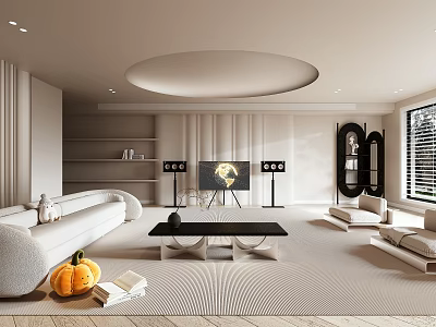 Modern Living Room Interior With White Sofa Black Coffee Table Circular Ceiling And TV 3d model