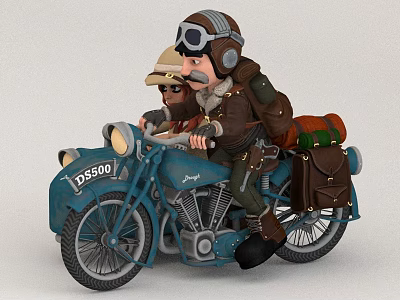 Vintage Blue Motorcycle Sculpture with Two Figures Wearing Pilot Helmet and Leather Jacket 3d model