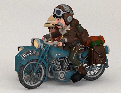 Vintage Blue Motorcycle Sculpture with Two Figures Wearing Pilot Helmet and Leather Jacket 3d model