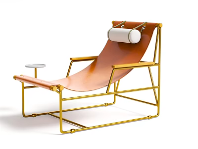Lounge Chair With Golden Metal Frame Brown Leather Seat White Round Cushion And Side Table 3d model