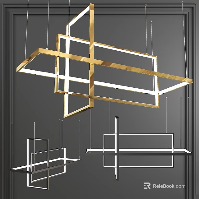 Geometric Gold And White Chandeliers With Rectangular Frame Design For Modern Interior 3d model