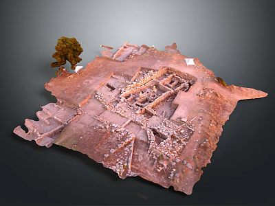 Ancient Ruins Scenic Landscape with Red Soil Stone Structures and Lone Tree 3d model