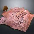 Ancient Ruins Scenic Landscape with Red Soil Stone Structures and Lone Tree