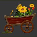 Yellow Sunflowers in Red Wooden Cart with Green Leaves Orange Wheels and Scattered Leaves Reflection