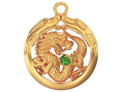 Gold Dragon Pendant With Intricate Design And Green Gemstone Center 3d model