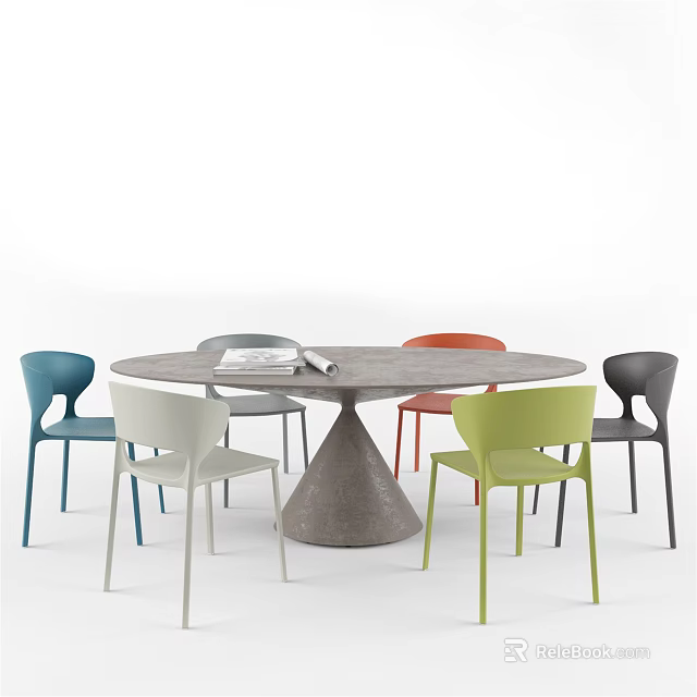 Modern Round Dining Table Set With Conical Base And Multicolored Sleek Chairs 3d model