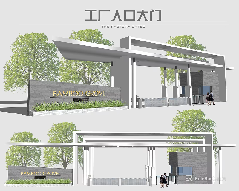 Bamboo Grove Modern Entrance Gate With Roof Design And Trees Around Area 3d model 