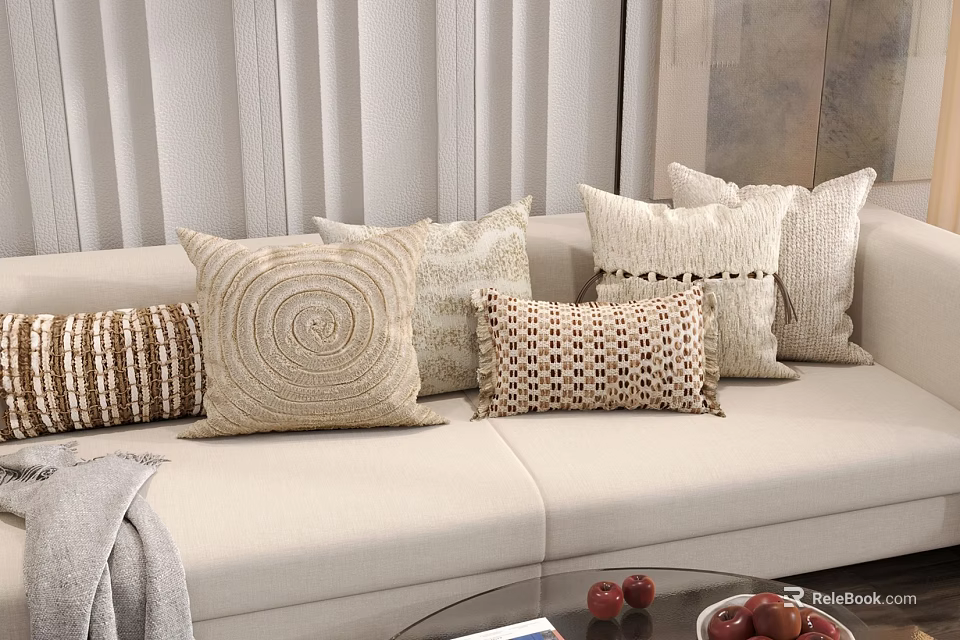 Neutral Toned Throw Pillows With Various Textures On Beige Sofa Living Room 3d model 