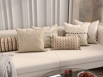 Neutral Toned Throw Pillows With Various Textures On Beige Sofa Living Room 3d model