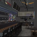 Modern Bar Interior With Hanging Wine Glasses Bar Counter Stools Decorative Signs And Warm Lighting