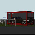Outdoor Car Display Area With Transparent Shelter Dimension Labels And White Chairs