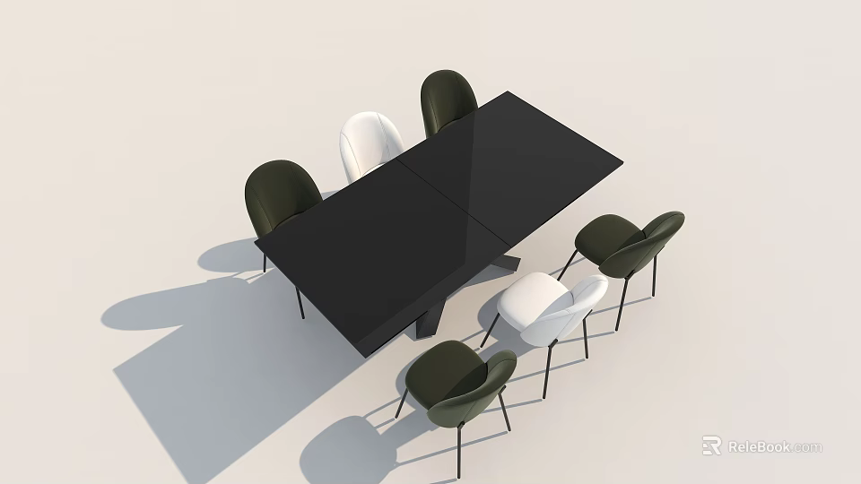 Modern Dining Table Set With Black Table And Green White Chairs 3d model 