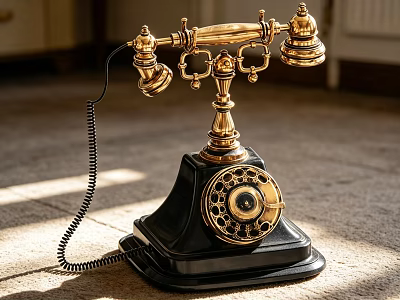 Vintage Gold And Black Office Telephone With Rotary Dial On Carpet 3d model