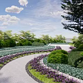 Garden Landscape With Circular Fountain White Vertical Slatted Wall Green Trees And Blue Sky
