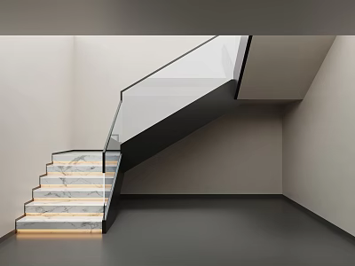 Modern Interior Staircase With Marble Steps Glass Railing And Black Handrail 3d model