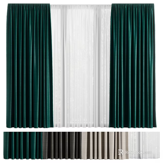 Luxury Green Velvet Curtains with White Sheer Panels and Multiple Color Options 3d model 