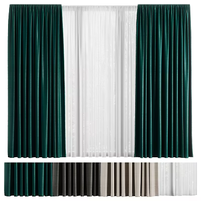 Luxury Green Velvet Curtains with White Sheer Panels and Multiple Color Options 3d model