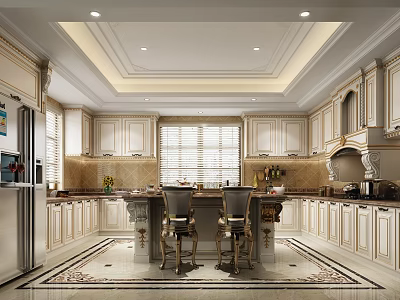 European Style Kitchen Interior With White Cabinets Marble Countertops Central Island Chandeliers and Shutter Windows 3d model