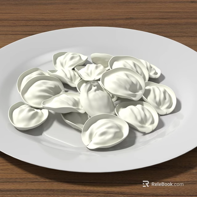Fresh White Dumplings Placed on White Plate Over Wooden Table Surface 3d model 