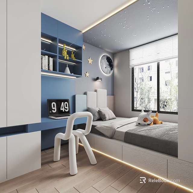 Modern Kids Room Interior Design With Blue White Decor Desk Chair Bed And Star Clock 3d model 