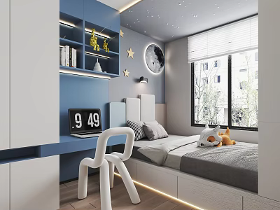 Modern Kids Room Interior Design With Blue White Decor Desk Chair Bed And Star Clock 3d model