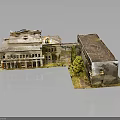 Vintage Architectural Model Featuring Historical Buildings With Detailed Roofs Windows And Small Tree