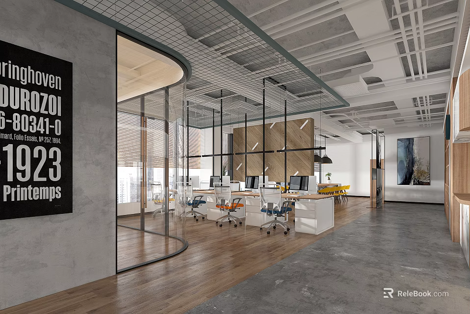 Modern Public Office Space Design With Glass Partitions Ergonomic Chairs And Wooden Floors 3d model 