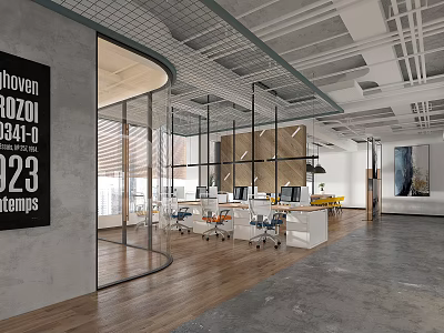 Modern Public Office Space Design With Glass Partitions Ergonomic Chairs And Wooden Floors 3d model