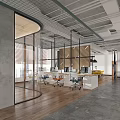 Modern Public Office Space Design With Glass Partitions Ergonomic Chairs And Wooden Floors