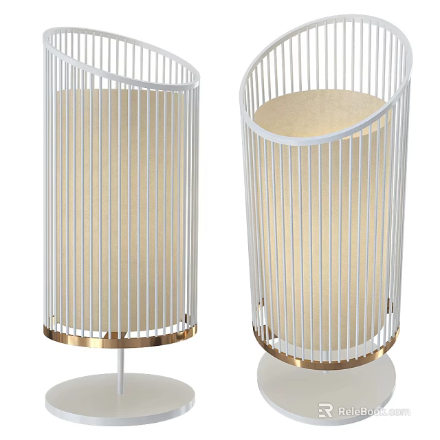Modern Table Lamp With White Metal Vertical Slats Frame And Gold Base Fabric Shade 3d model 