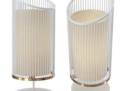 Modern Table Lamp With White Metal Vertical Slats Frame And Gold Base Fabric Shade 3d model