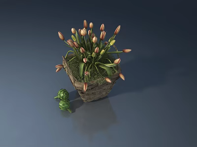 Hinged Door With Woven Basket Filled With Tulips And Small Green Decoration 3d model