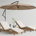Outdoor Wooden Frame Lounge Chairs With White Cushions And Beige Umbrella
