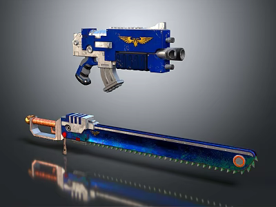 Blue Metal Gun With Wing Emblem And Shiny Chainsaw With Serrated Blade 3d model