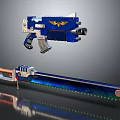 Blue Metal Gun With Wing Emblem And Shiny Chainsaw With Serrated Blade