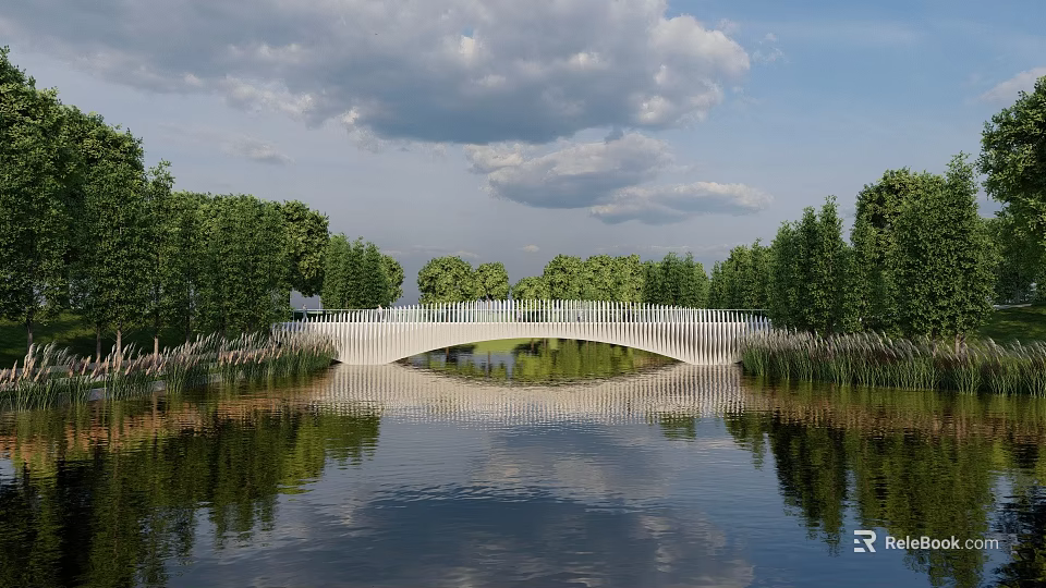 Scenic White Arch Landscape Bridge Surrounded by Green Trees and Calm Water Reflection 3d model 