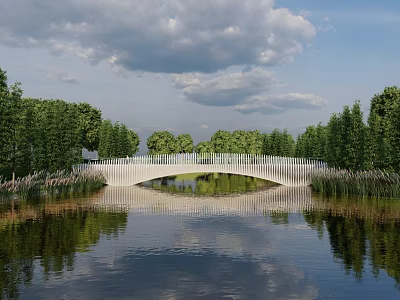 Scenic White Arch Landscape Bridge Surrounded by Green Trees and Calm Water Reflection 3d model