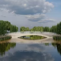 Scenic White Arch Landscape Bridge Surrounded by Green Trees and Calm Water Reflection