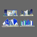 Modern Exhibition Booth Designs With Blue Green White Geometric Structures And Logos 3d model