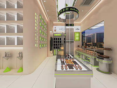 Sweet Shop Interior Design With Glass Display Case And Assorted Desserts On Shelves 3d model